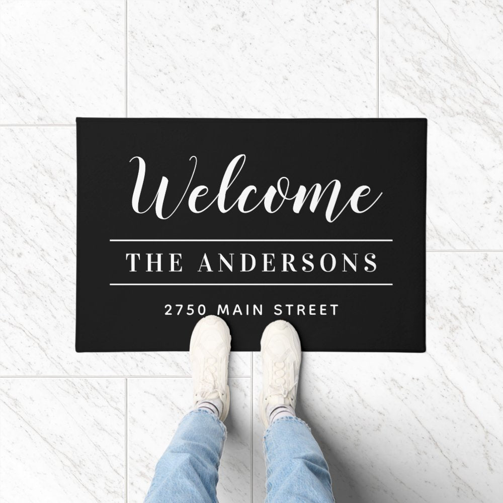 Welcome Black Family Name and Address Doormat
