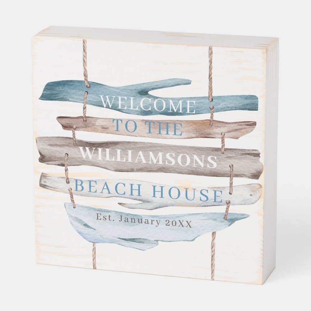 Personalize Coastal Driftwood Welcome Beach House Wooden Box Sign