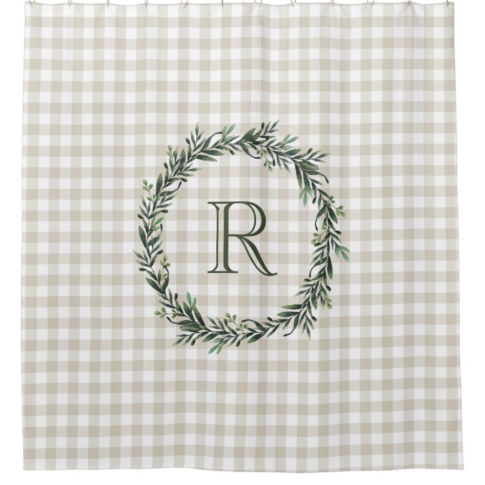 Farmhouse Beige Buffalo Plaid Wreath Monogram Shower Curtain