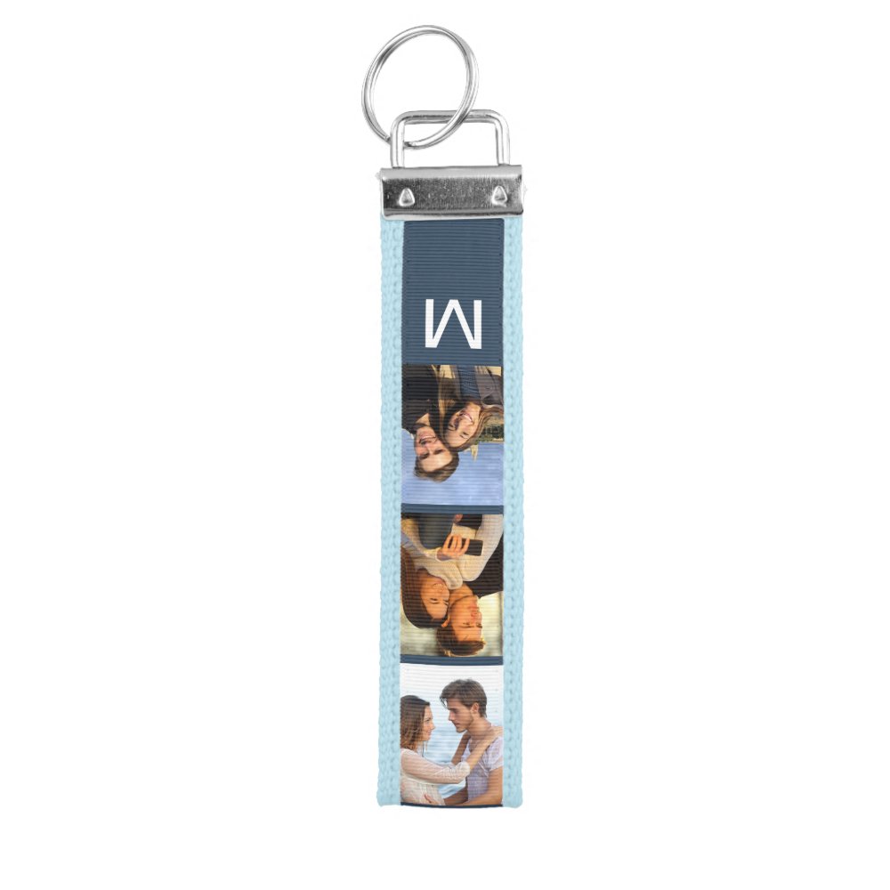 Monogrammed 6 Photo Strip Collage Blue Wrist Keychain