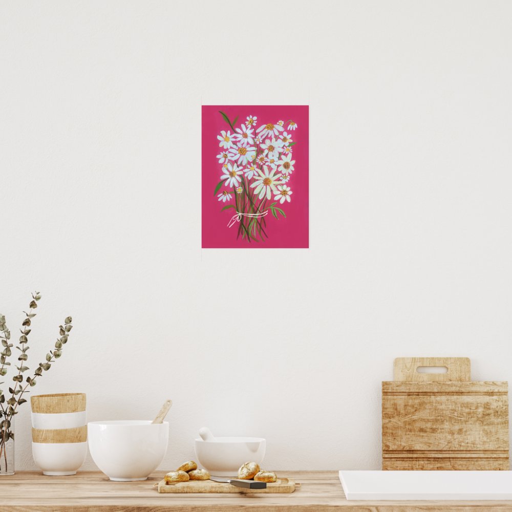 White Daisy Bouquet on Pink Gouache Painting Art Poster