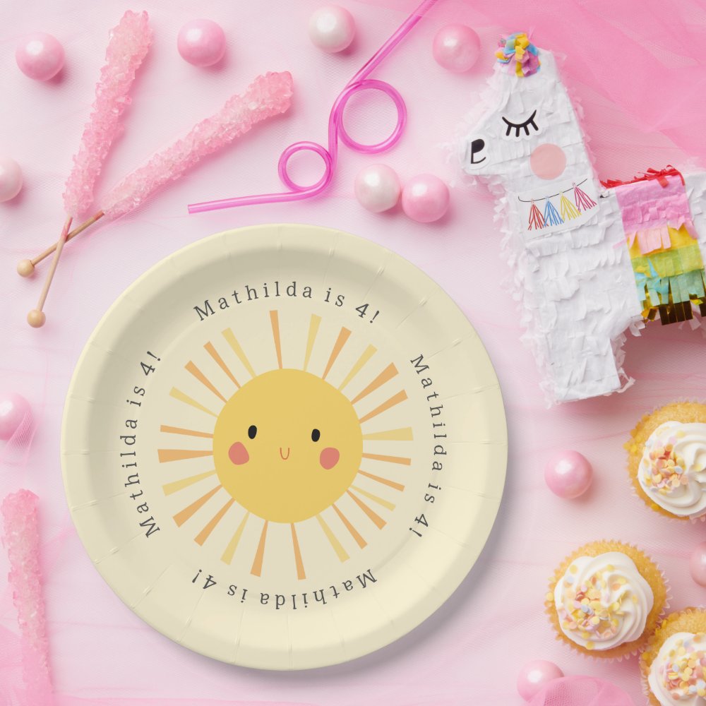 Cute yellow sunshine illustration birthday party paper plates