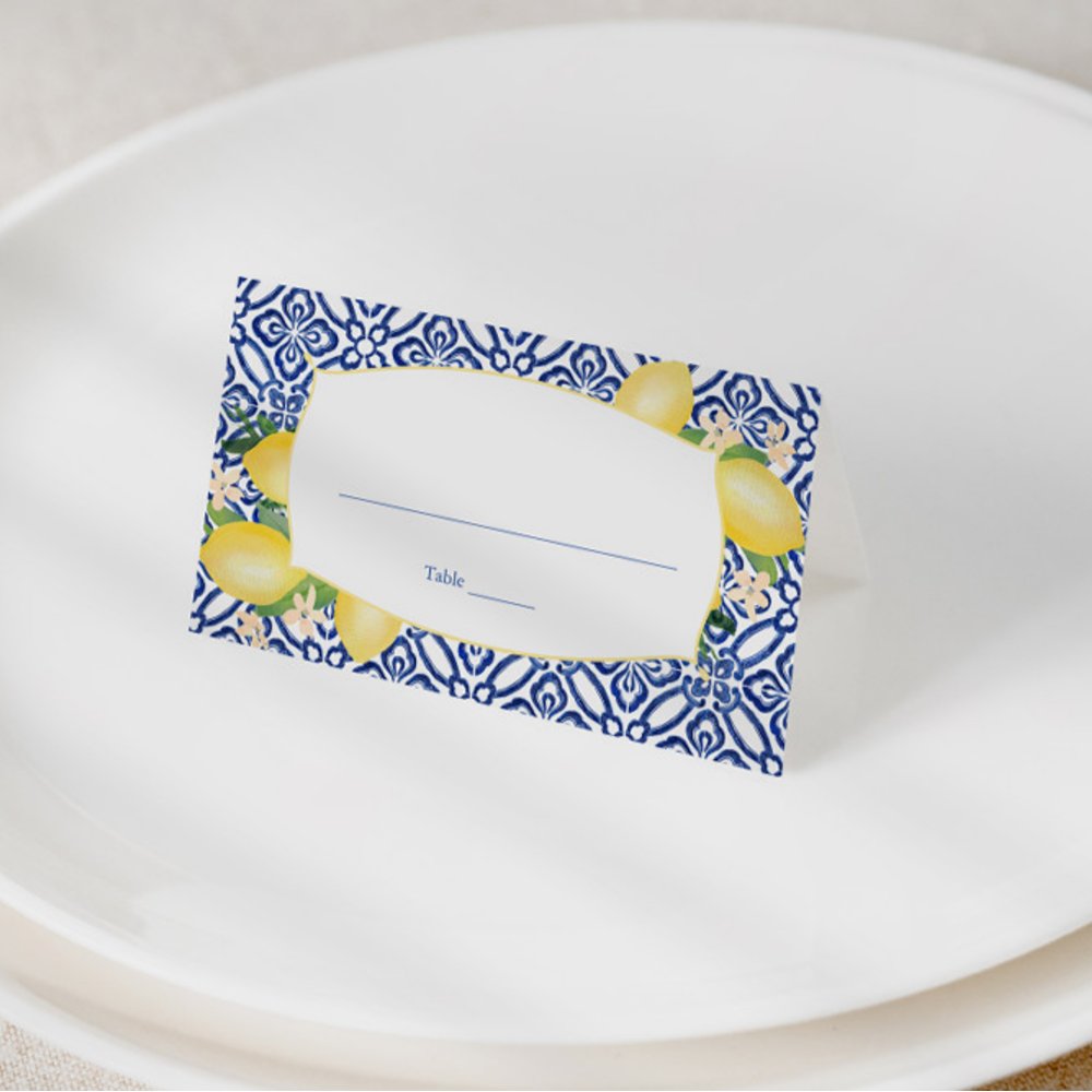 Positano Lemons Blue and White Pattern Wedding Place Card