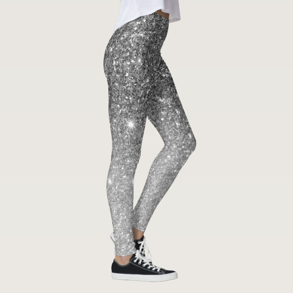 Modern Grey Glitter Sparkles Personalized Name Leggings