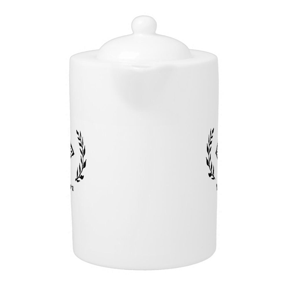 Elegant Monogram Name Modern Wreath Black & White Teapot
