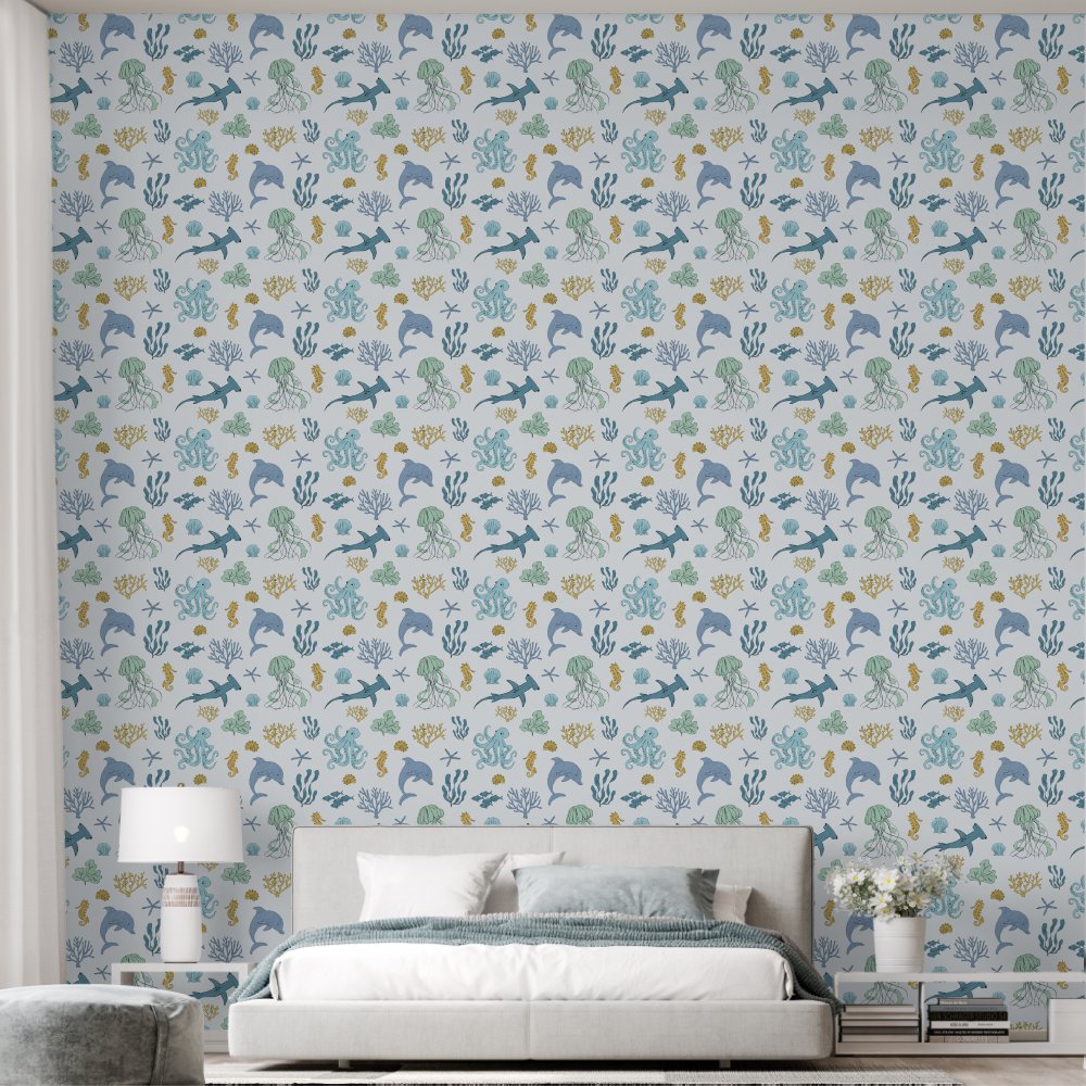 Blue Ocean Animals Boy's Room Wallpaper