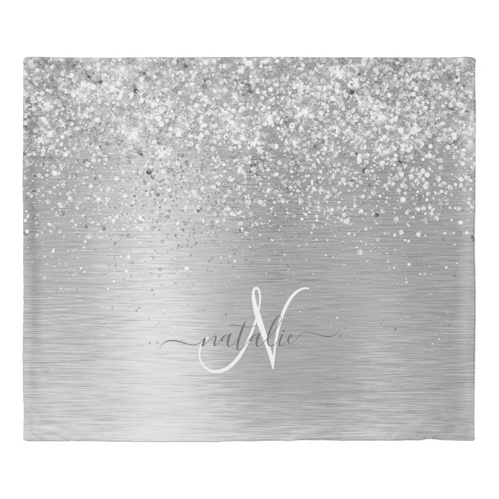 Silver Brushed Metal Glitter Monogram Name Duvet Cover