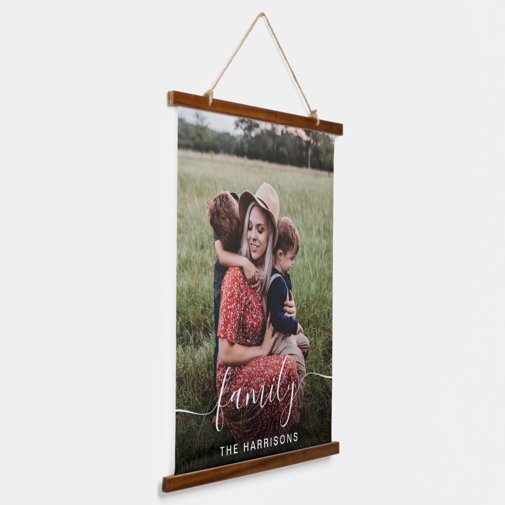 Family White Script Photo Overlay Monogram Hanging Tapestry