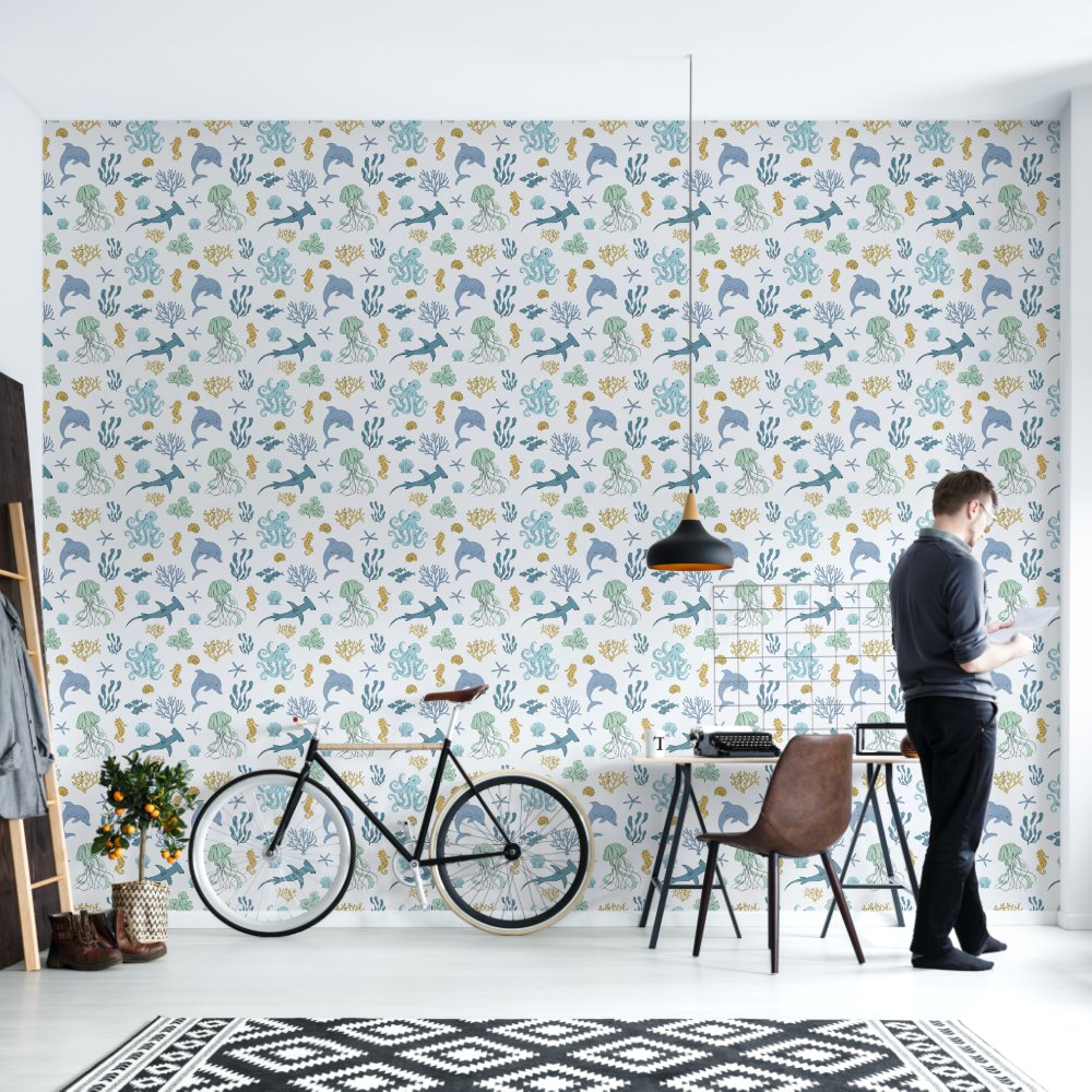 Blue Ocean Animals Boy's Room Wallpaper