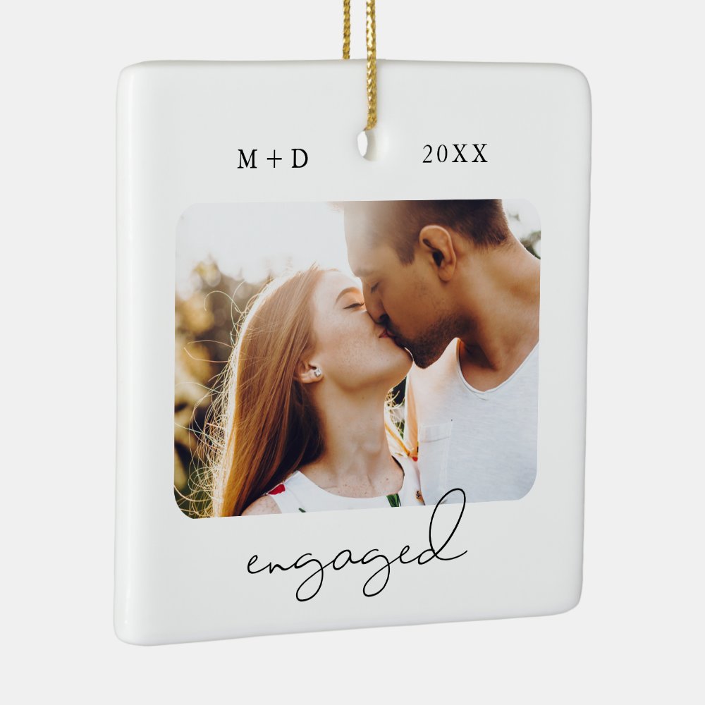 Modern Script Elegant Engagement Photo Keepsake Ceramic Ornament
