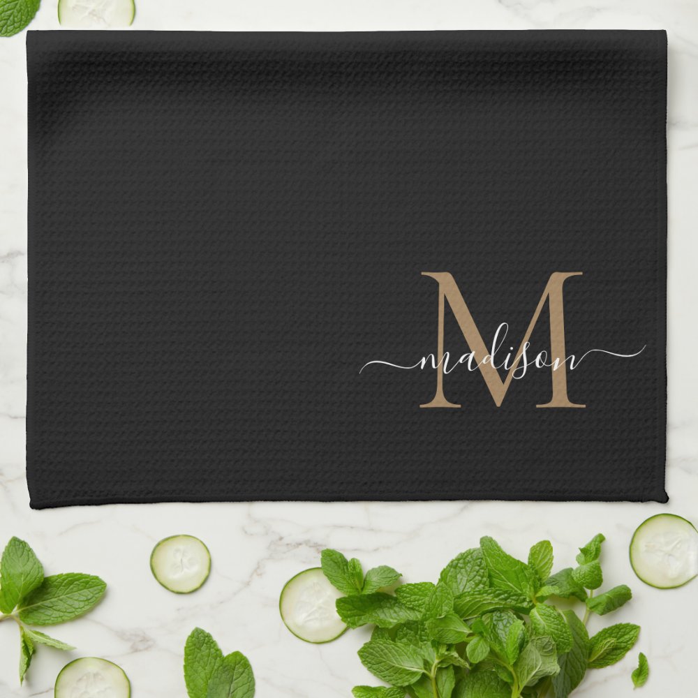 Elegant Stylish Black Gold Monogram Script Name Kitchen Towel