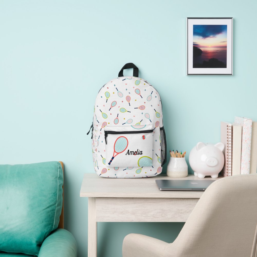 Tennis Personalized Name Pink Green Blue Custom Printed Backpack