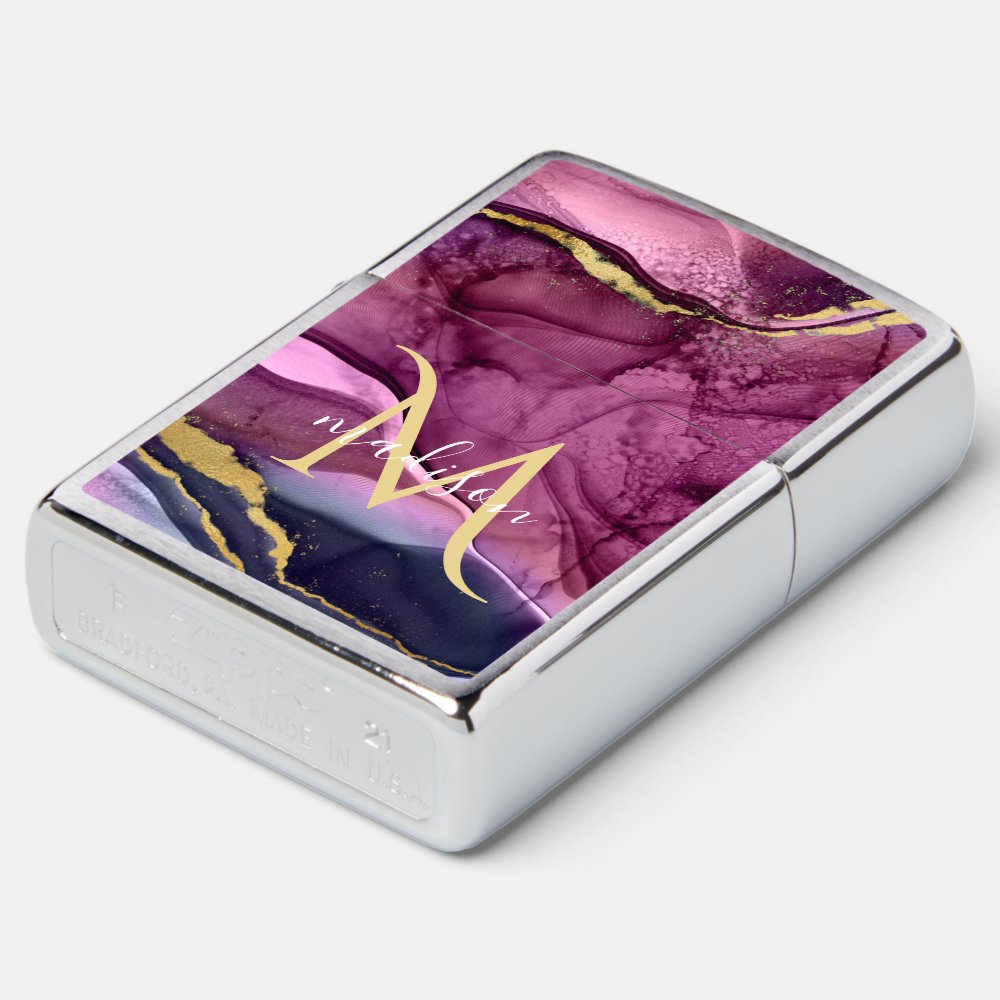 Monogram Purple Pink and Gold Agate Geode  Zippo Lighter