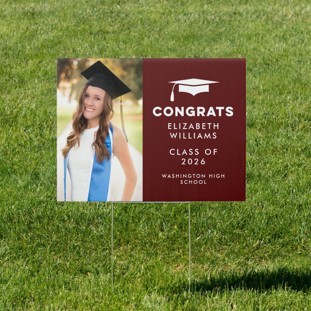 Maroon Congrats Single Photo Graduation Yard Sign
