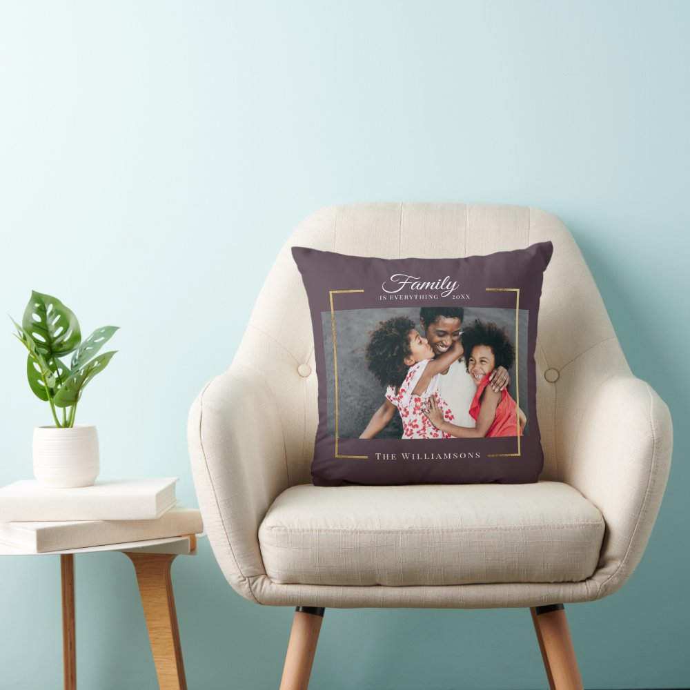 Modern Frame |  Family is EVERYTHING Photo Gold Throw Pillow