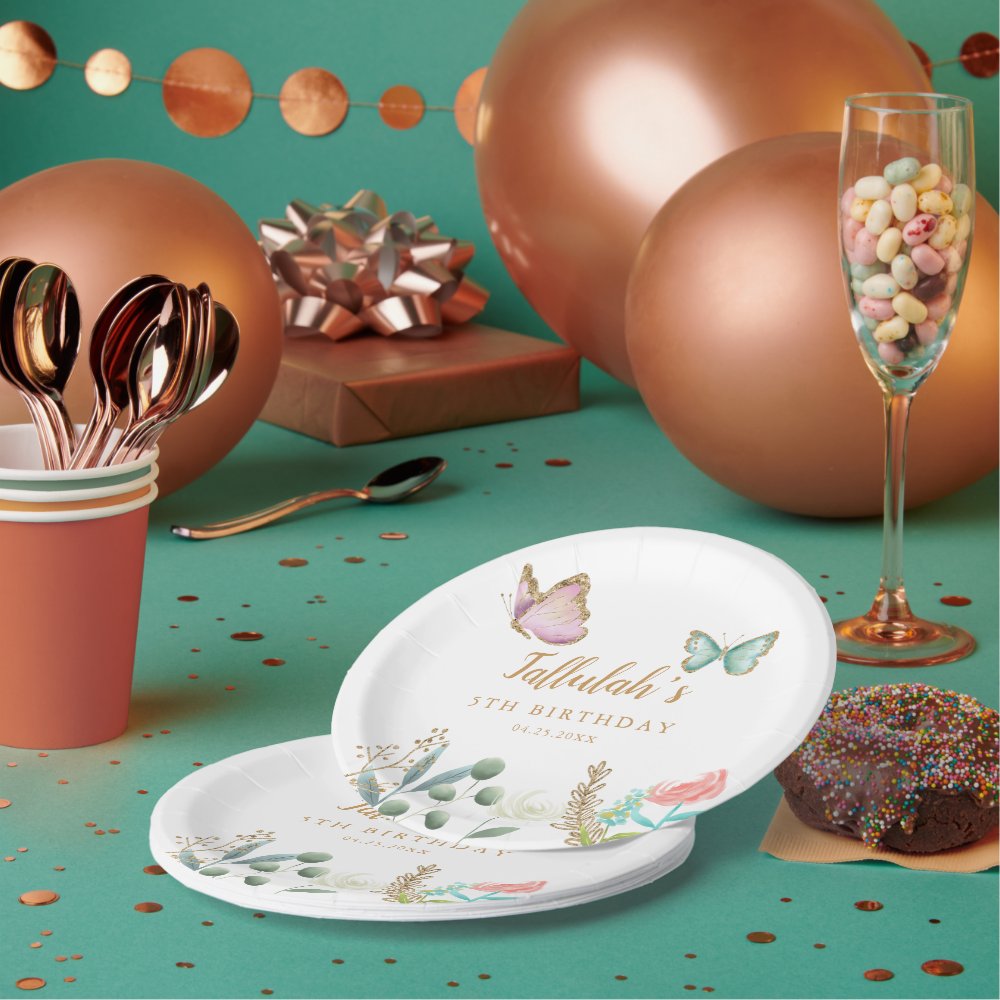Whimsical Gold Butterfly Garden Birthday Party Paper Plates