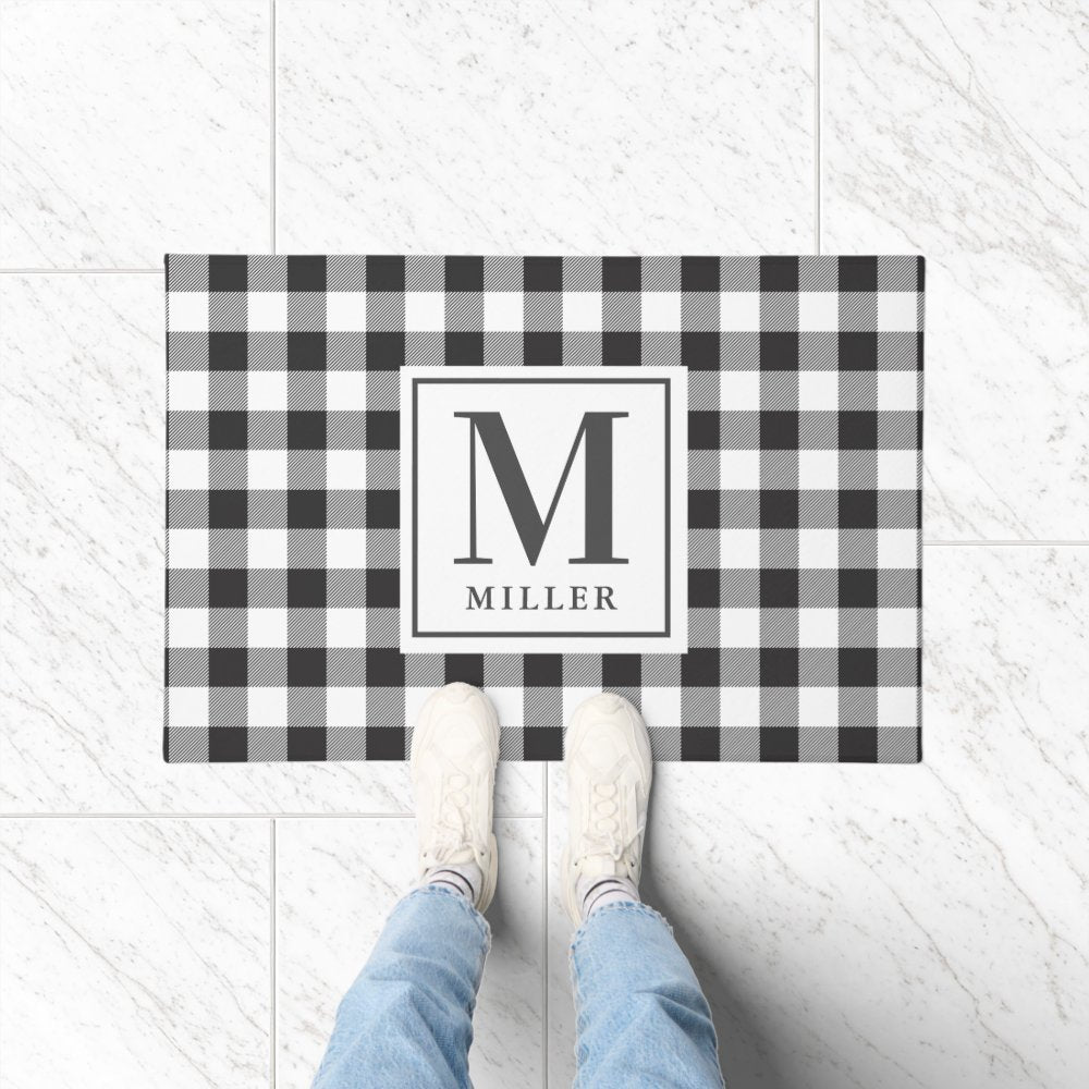 Modern Farmhouse Black Buffalo Plaid Monogrammed Doormat
