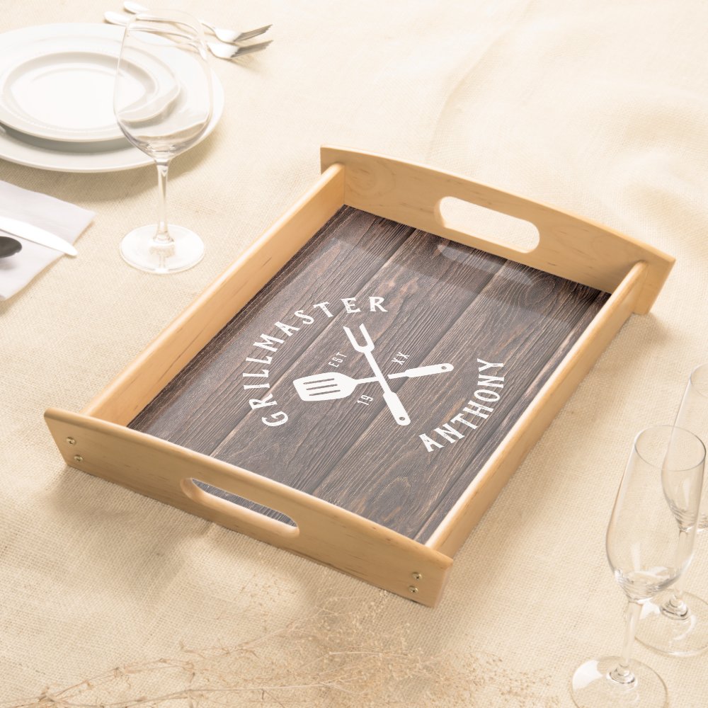 Custom Retro GRILLMASTER Rustic Dark Wood Print Serving Tray
