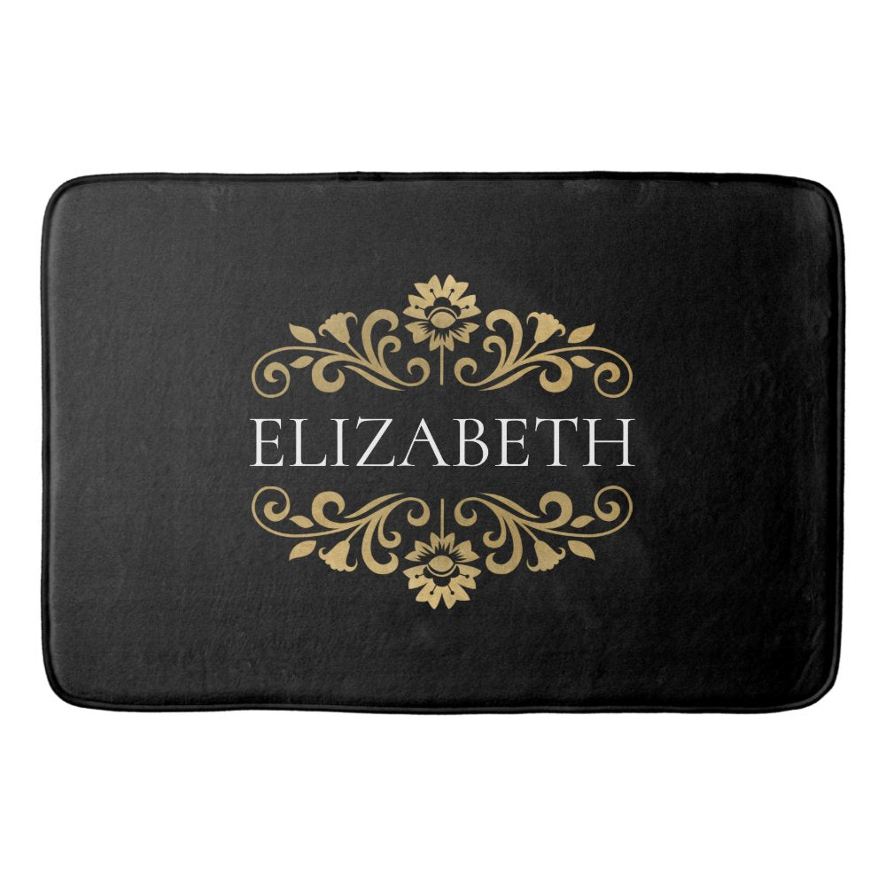 Elegant Monogram Black Gold Bath Mat
