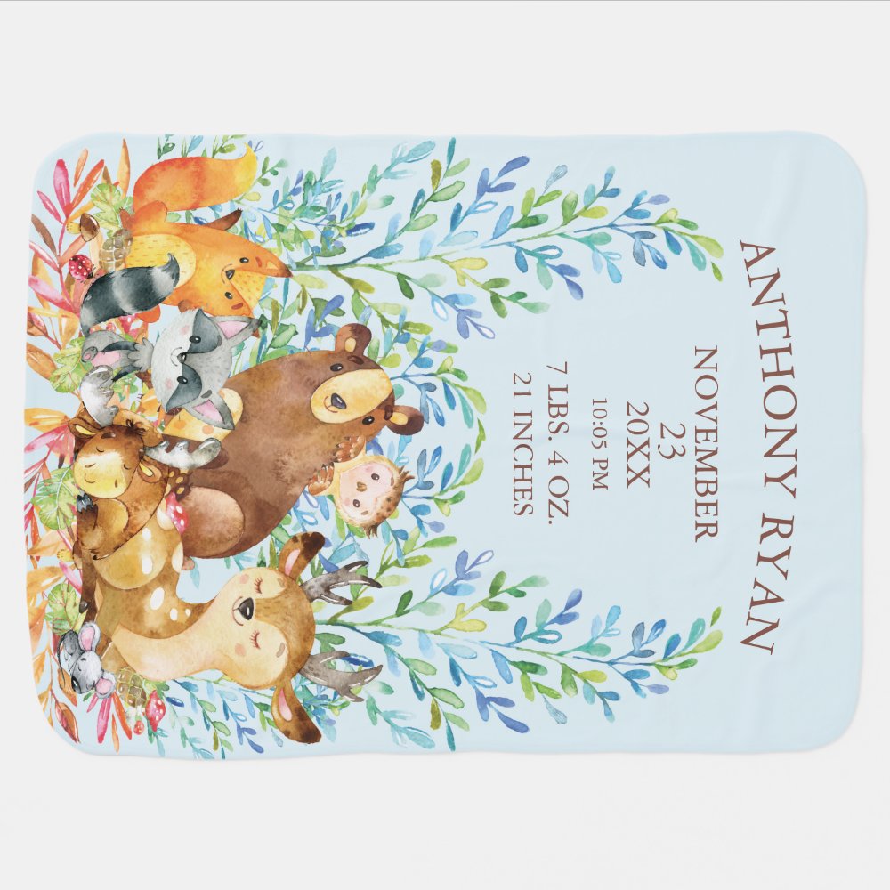 Woodland Animals Baby Boys Birth Stats Blanket