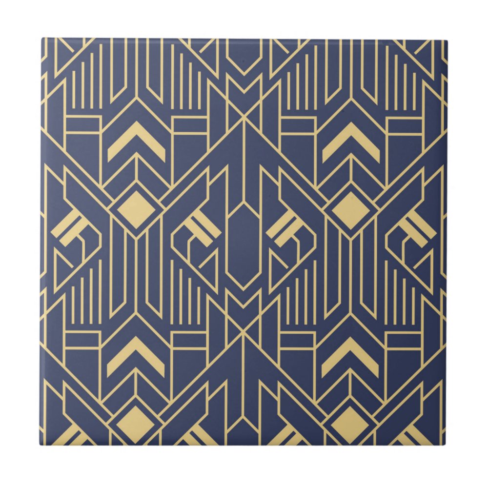 Navy Blue Gold Art Deco Geometric Pattern Ceramic Tile