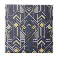 Navy Blue Gold Art Deco Geometric Pattern Ceramic Tile