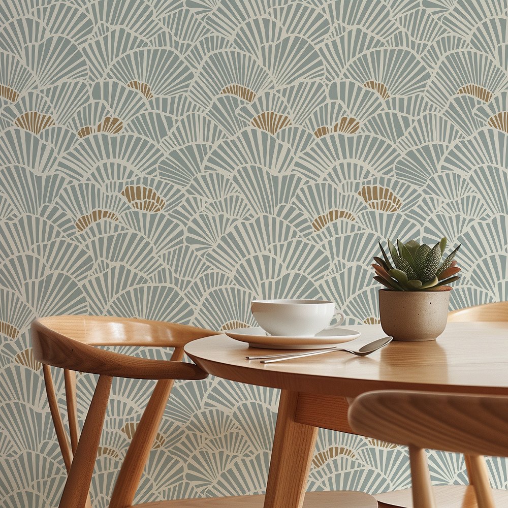 Soft Blue and Gold Fan Shell Art Deco Wallpaper