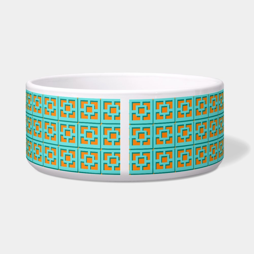 Retro Turquoise &  Orange Trellis Ceramic Pet Bowl
