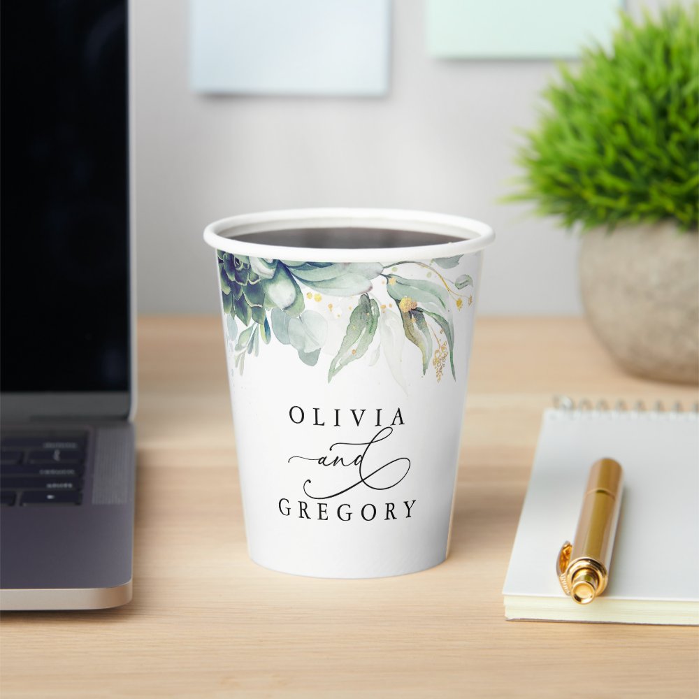 Succulents Gold Greenery Elegant Modern Wedding Paper Cups