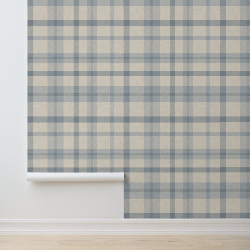 Masculine Muted Blue Plaid w/ Linen Texture Wallpaper