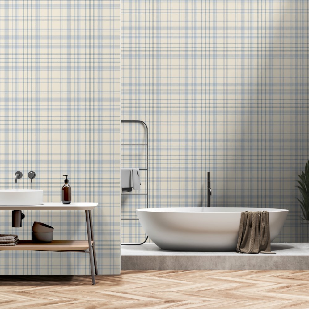 Classic Soft Blue & Beige Plaid Wallpaper