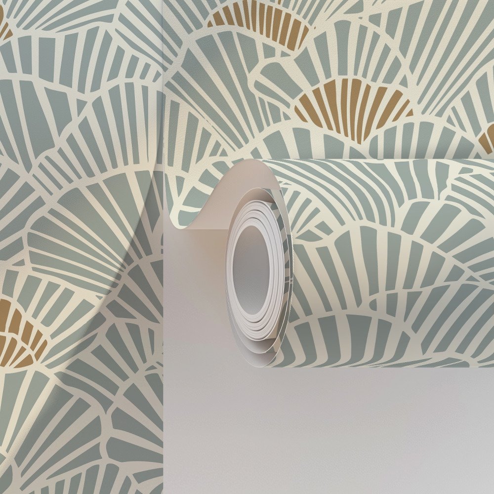 Soft Blue and Gold Fan Shell Art Deco Wallpaper