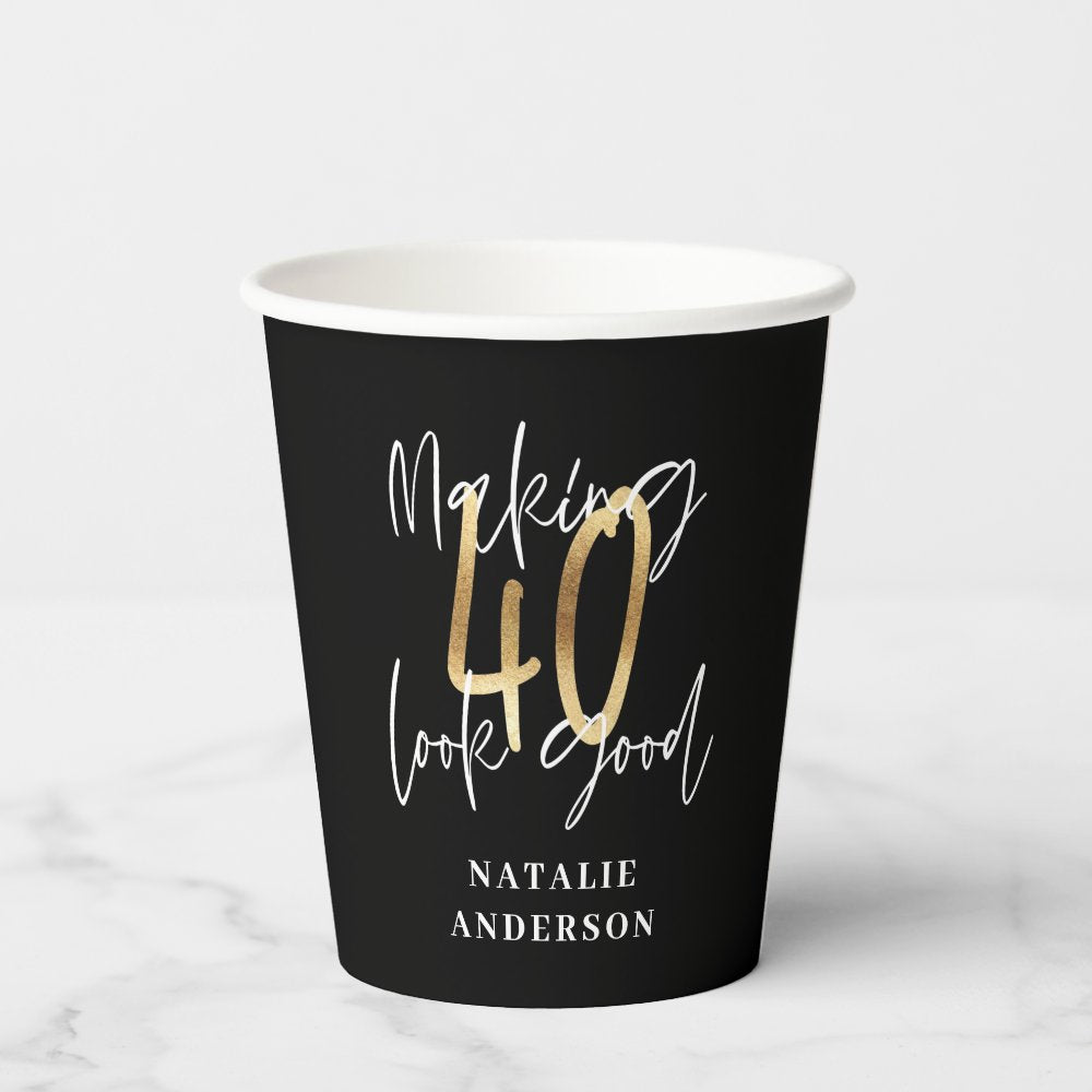 modern black and gold 40th birthday party  paper cups
