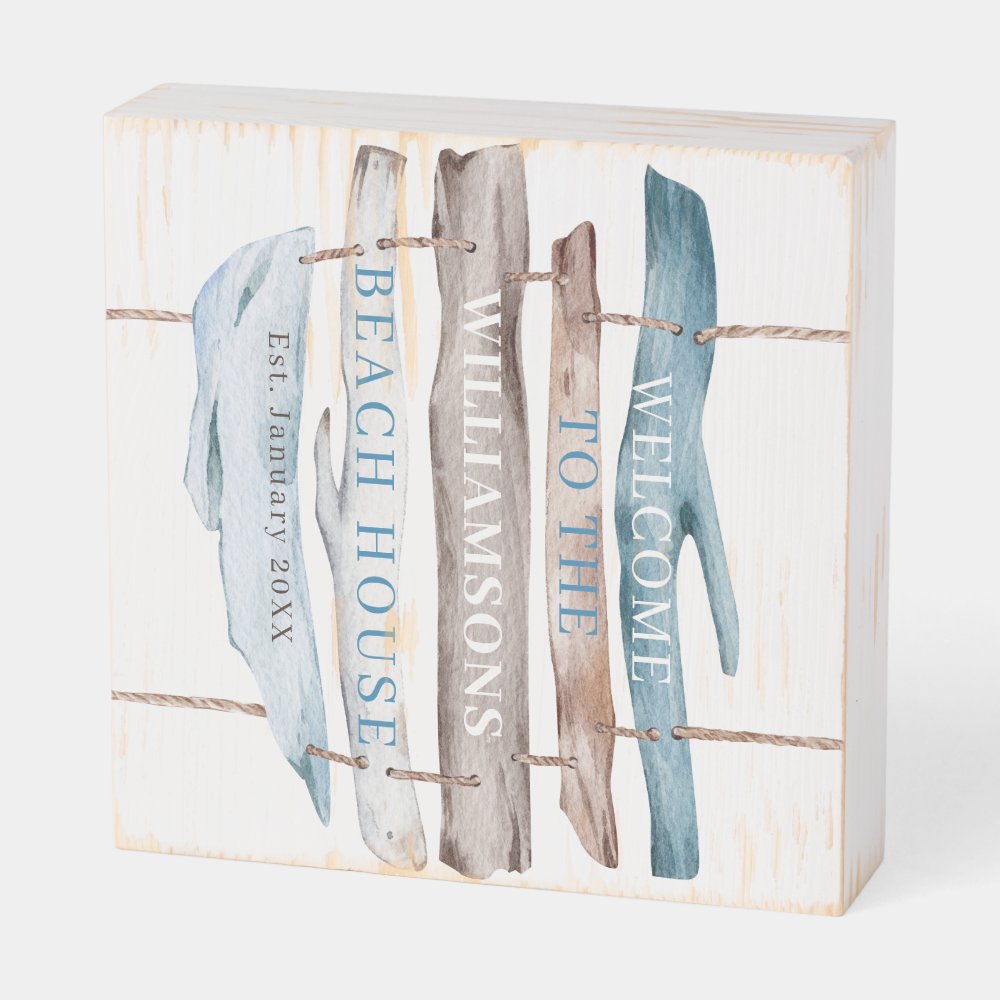 Personalize Coastal Driftwood Welcome Beach House Wooden Box Sign
