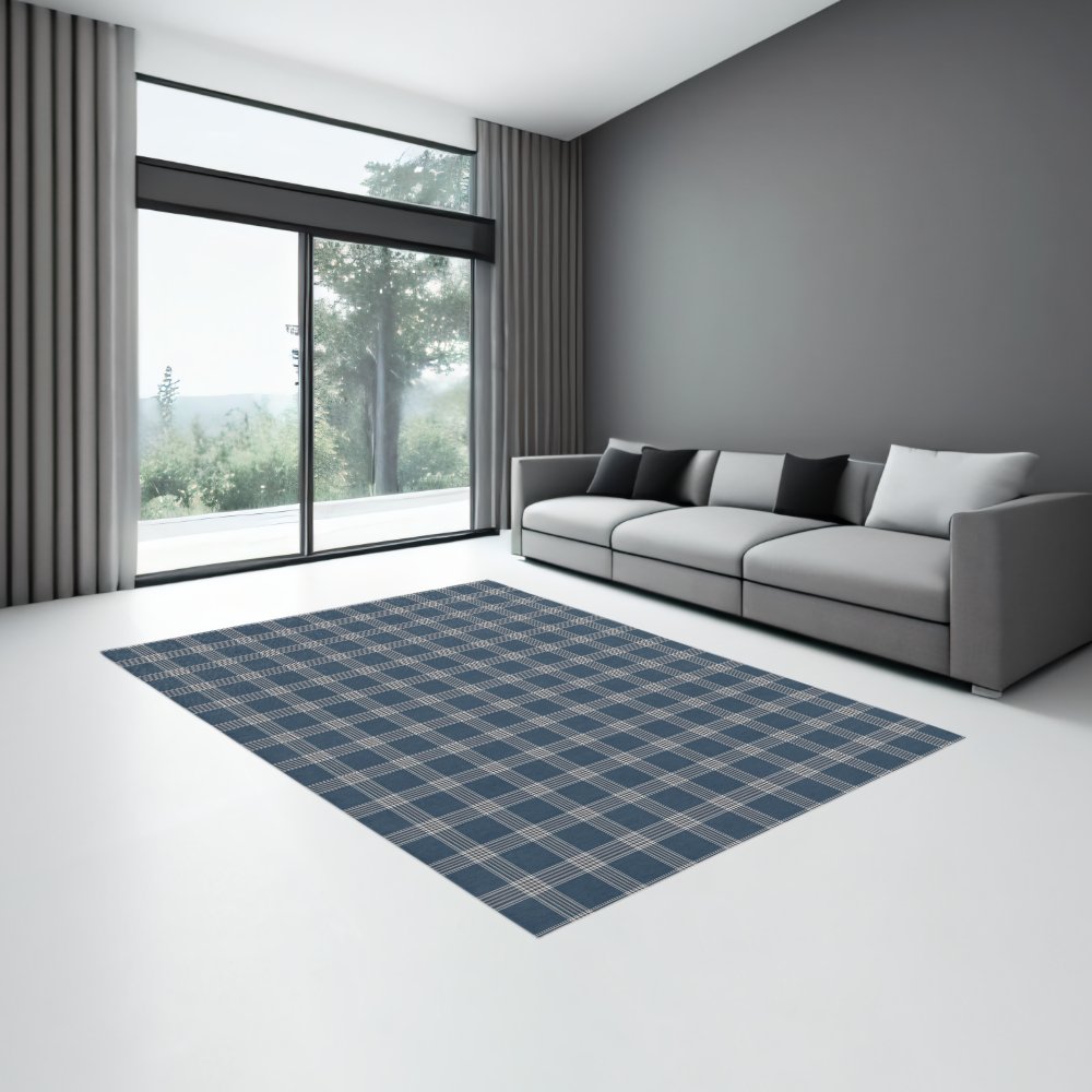 Modern Farmhouse Rug, Blue And White Plaid Area Rug