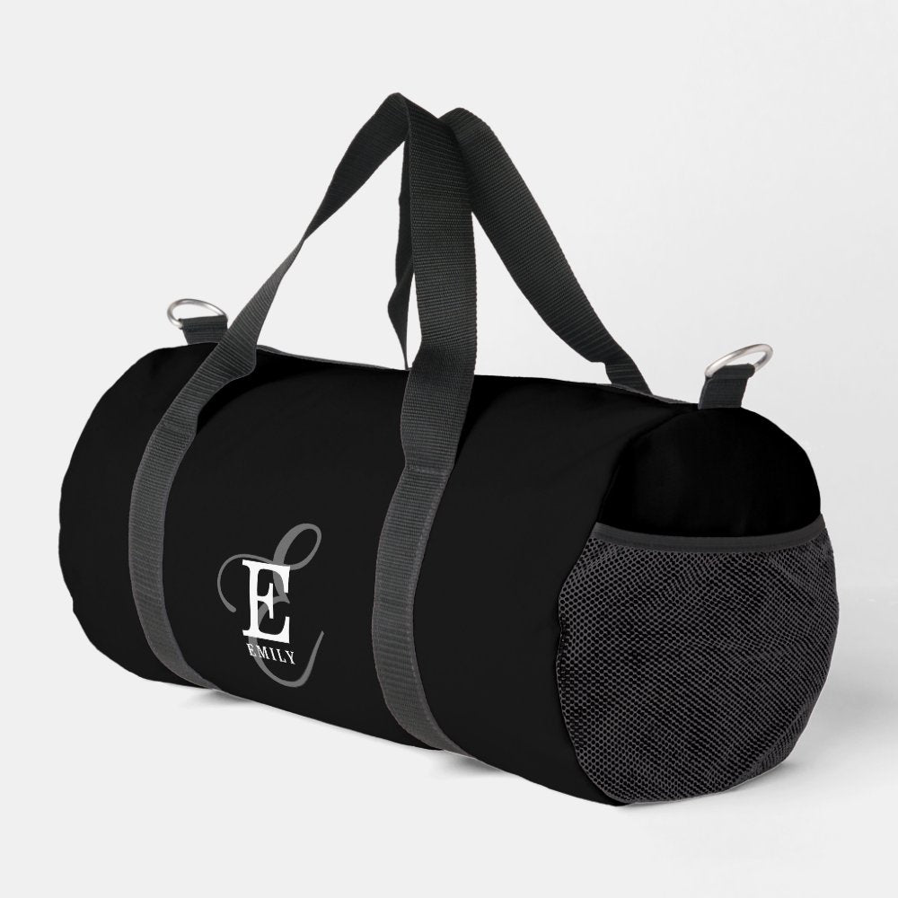 Black Stylish Calligraphy Monogram and Name Duffle Bag