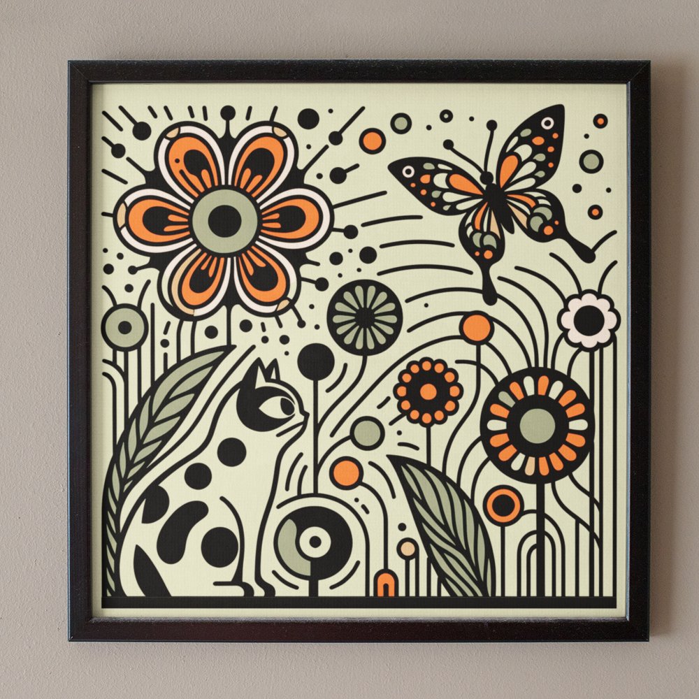 Whimsical Garden Harmony: Cat, Flowers, and Butter Poster