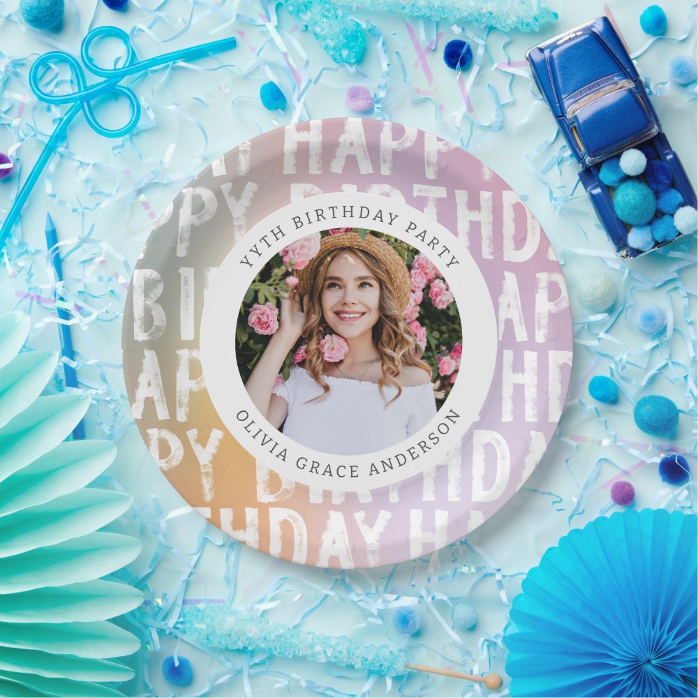 Modern pastel rainbow pink photo birthday party paper plates