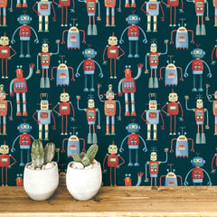 Fun Robot Pattern Teal Green Wallpaper