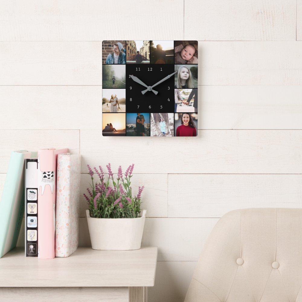 DIY Personalized 12 Photo Collage Template Square Wall Clock