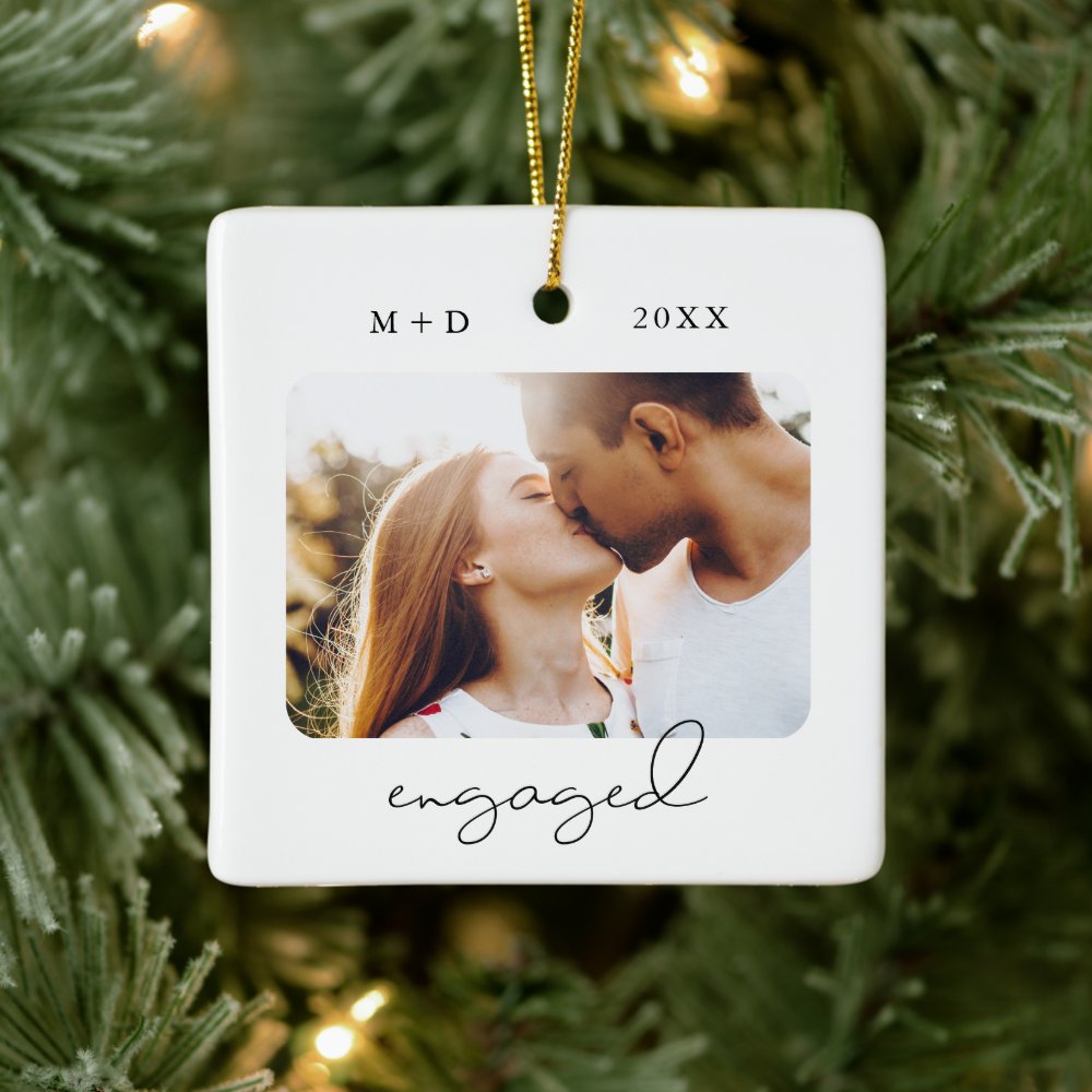 Modern Script Elegant Engagement Photo Keepsake Ceramic Ornament