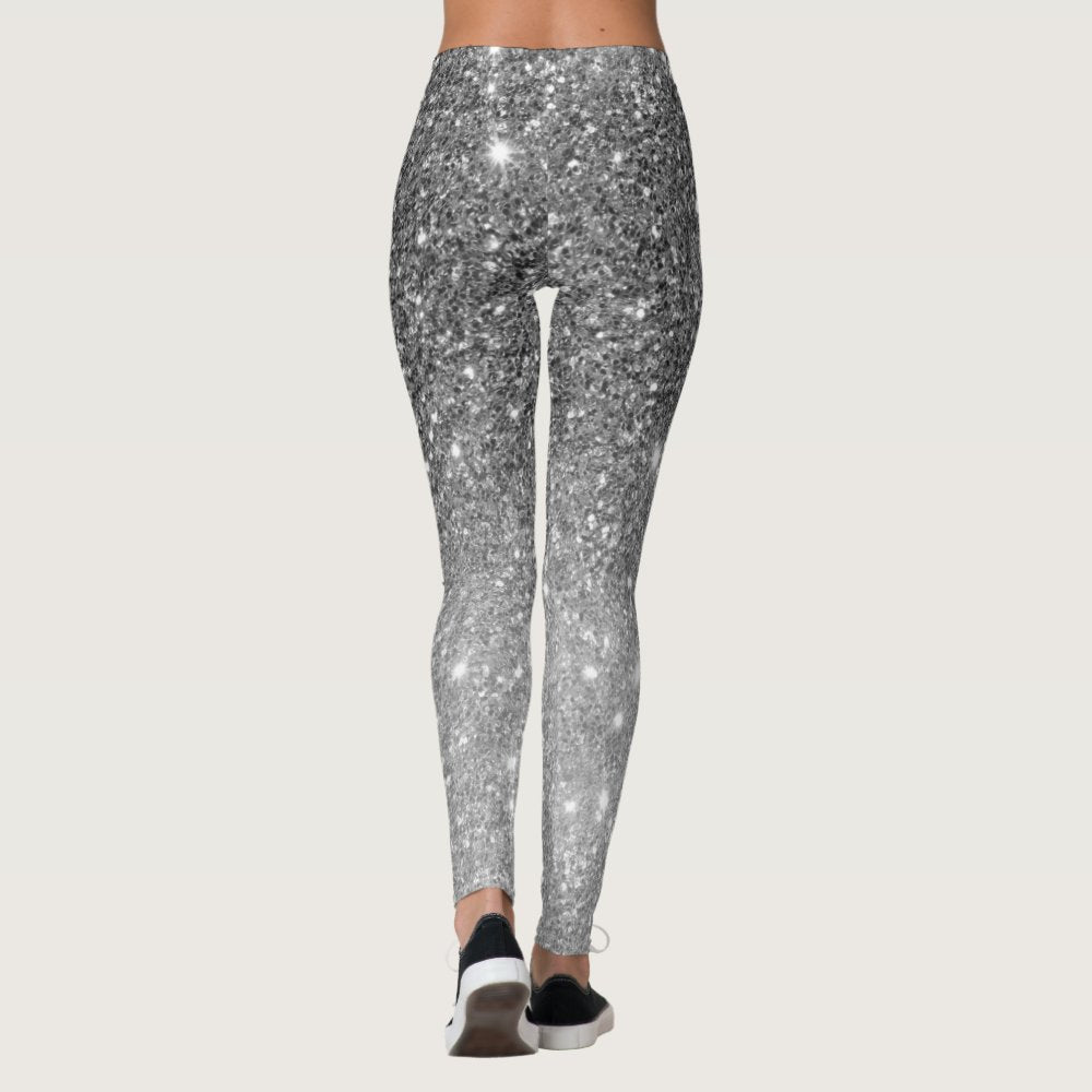 Modern Grey Glitter Sparkles Personalized Name Leggings