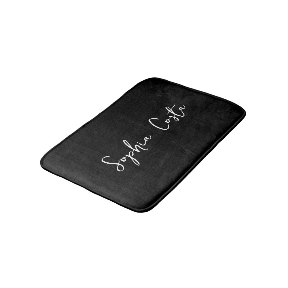 Trendy Script Modern Custom Signature Name Black Bath Mat