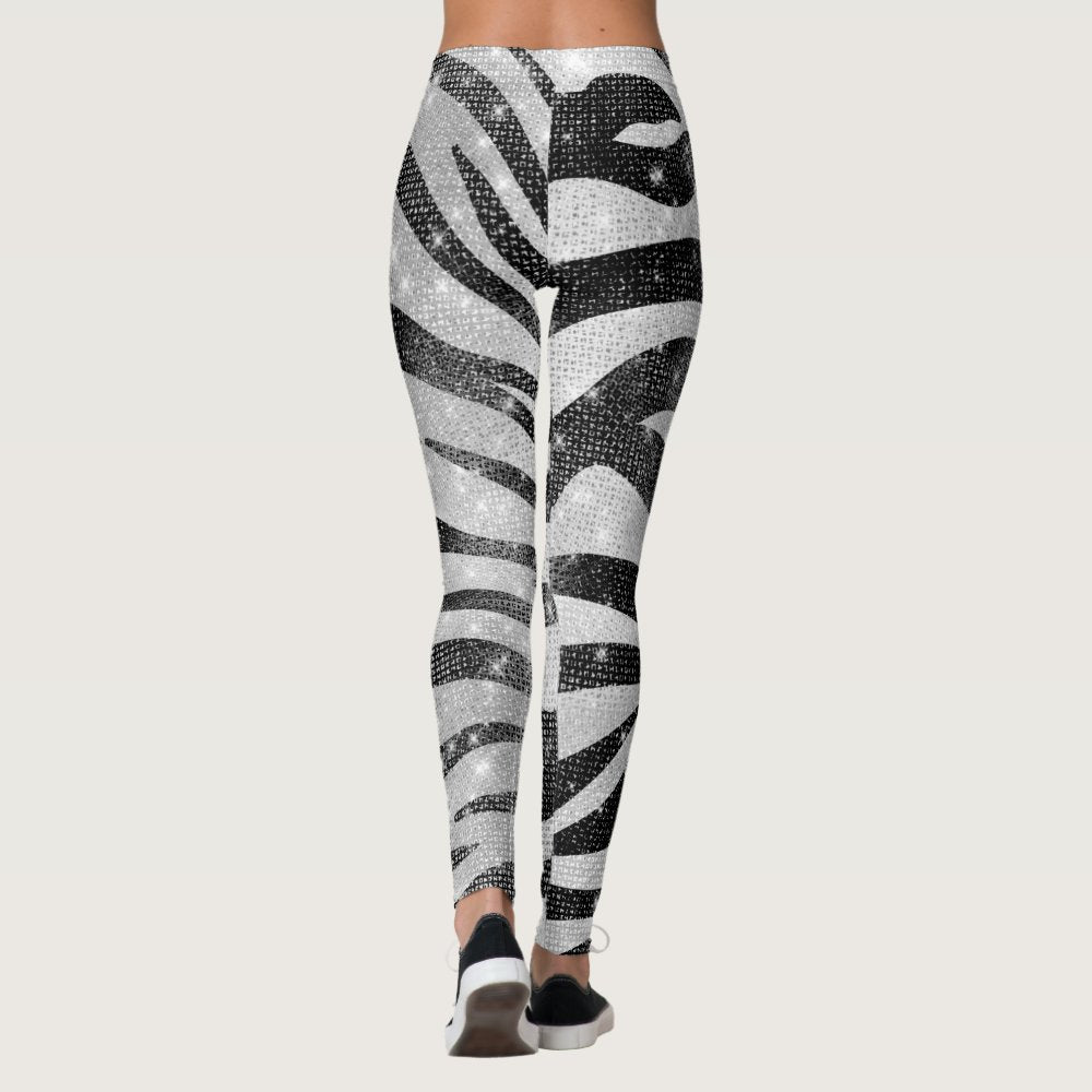 Glamorous Black White Sparkly Glitter Zebra Stripe Leggings