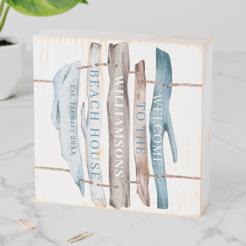 Personalize Coastal Driftwood Welcome Beach House Wooden Box Sign