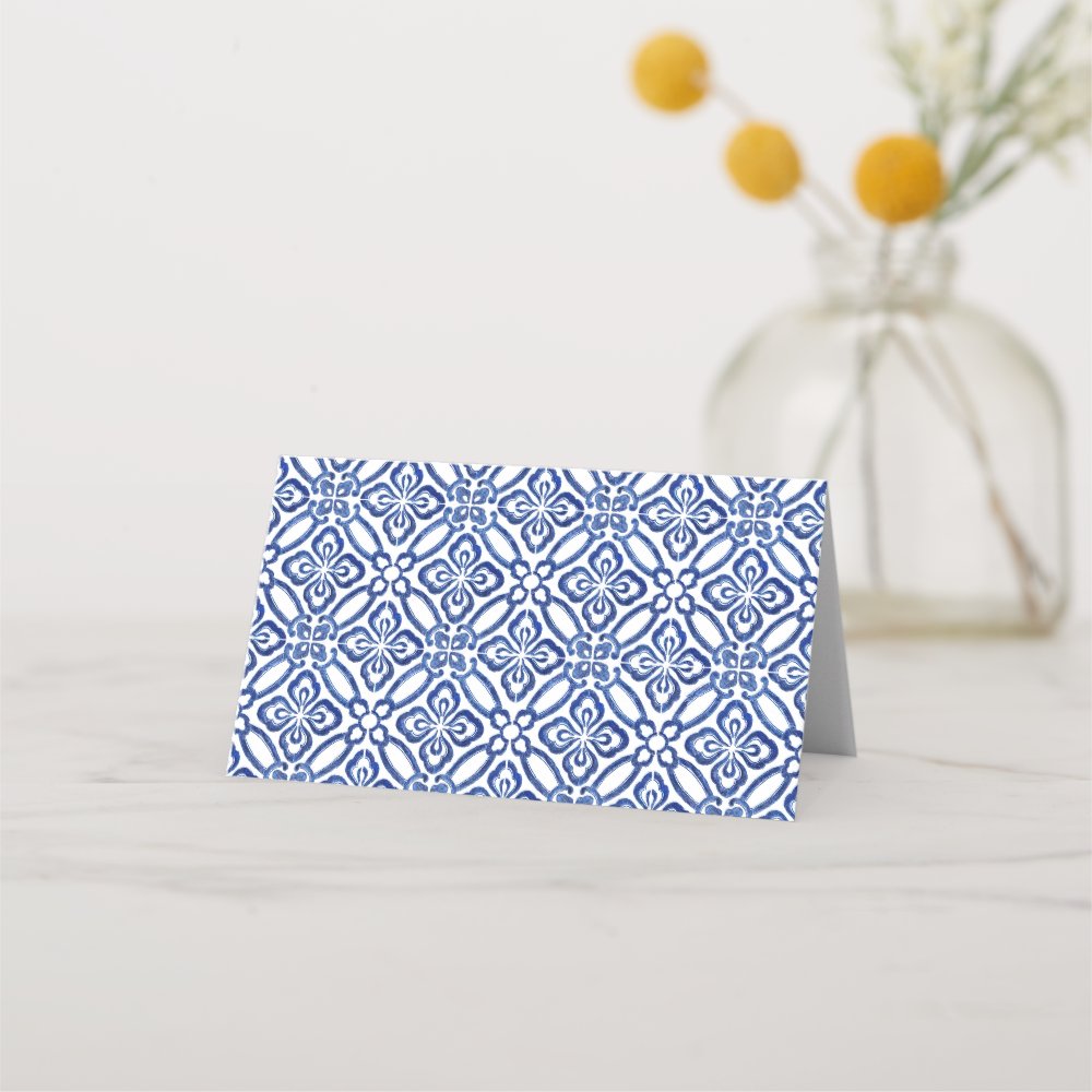 Positano Lemons Blue and White Pattern Wedding Place Card