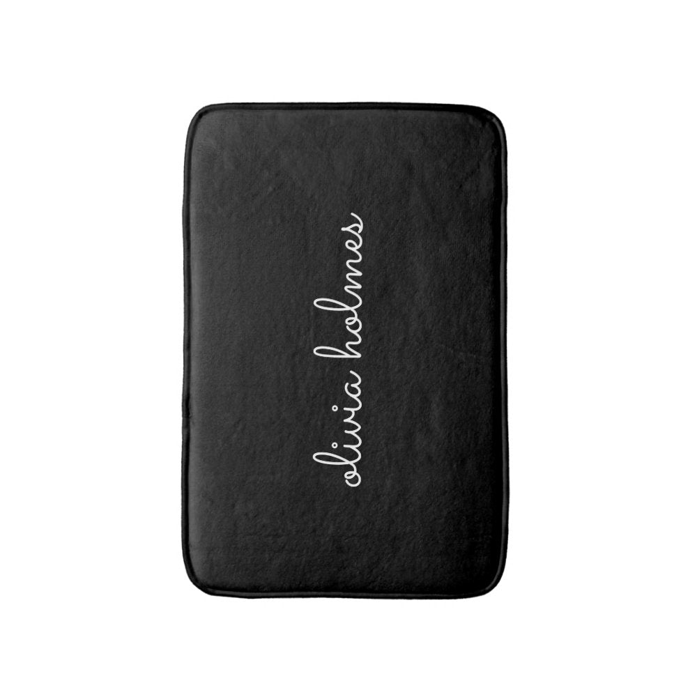 Trendy Monogram | Modern Black Script Name Bath Mat