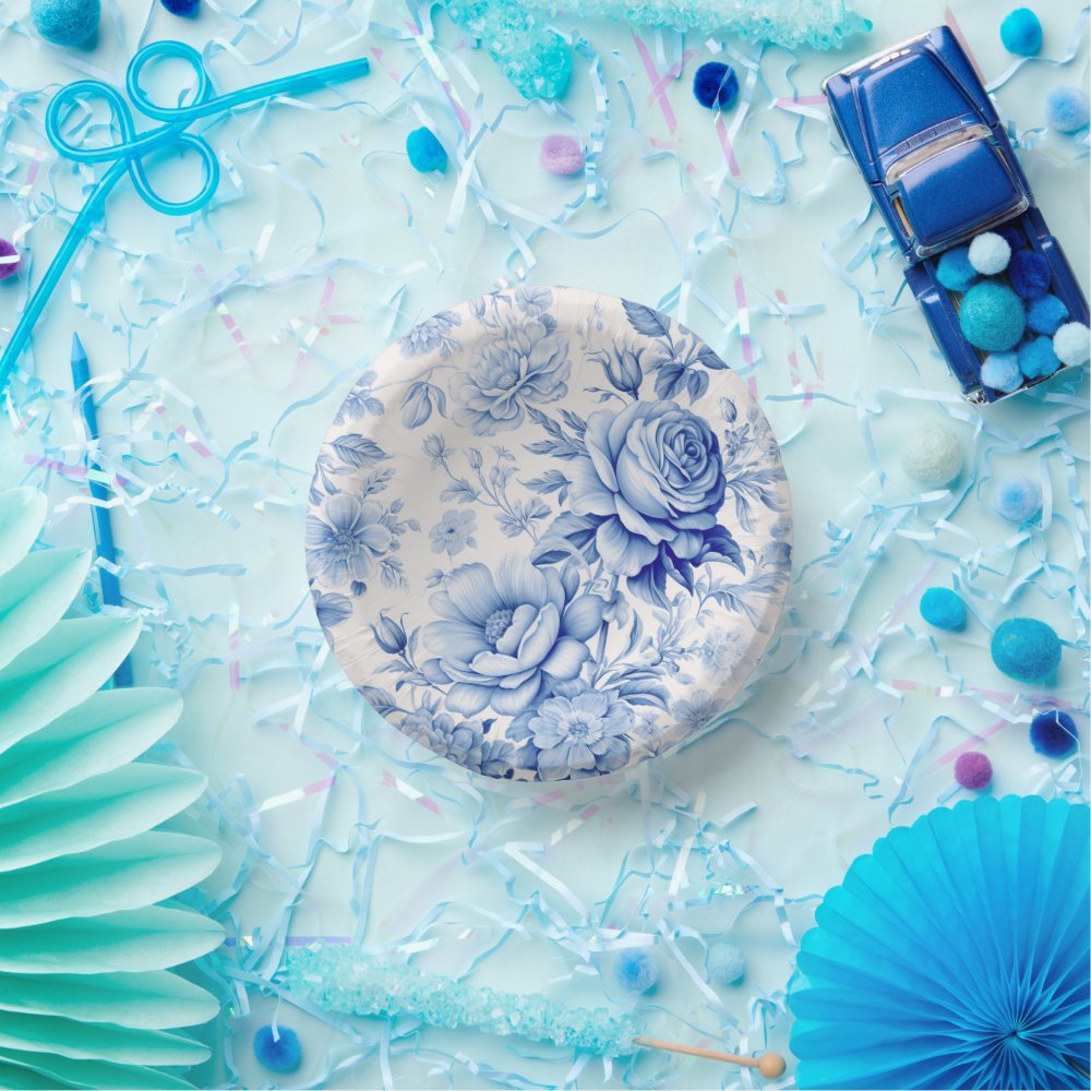Beautiful Blue & White Roses & Wildflowers Paper Bowls