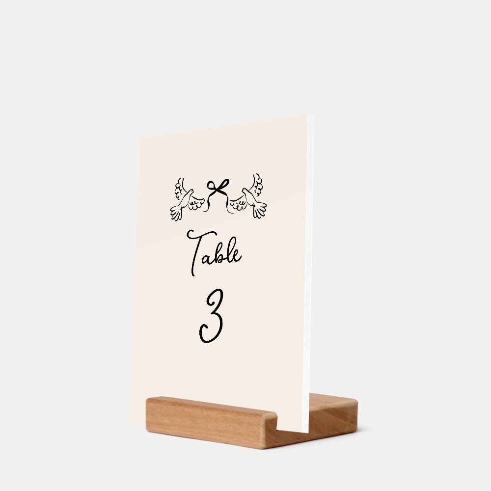 Minimal Hand-Drawn Doves Wedding Table Number Card Holder