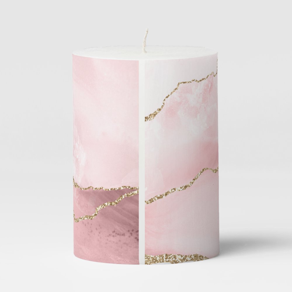 Pink Blush Agate with Gold Ribbon Elegant Pillar Candle